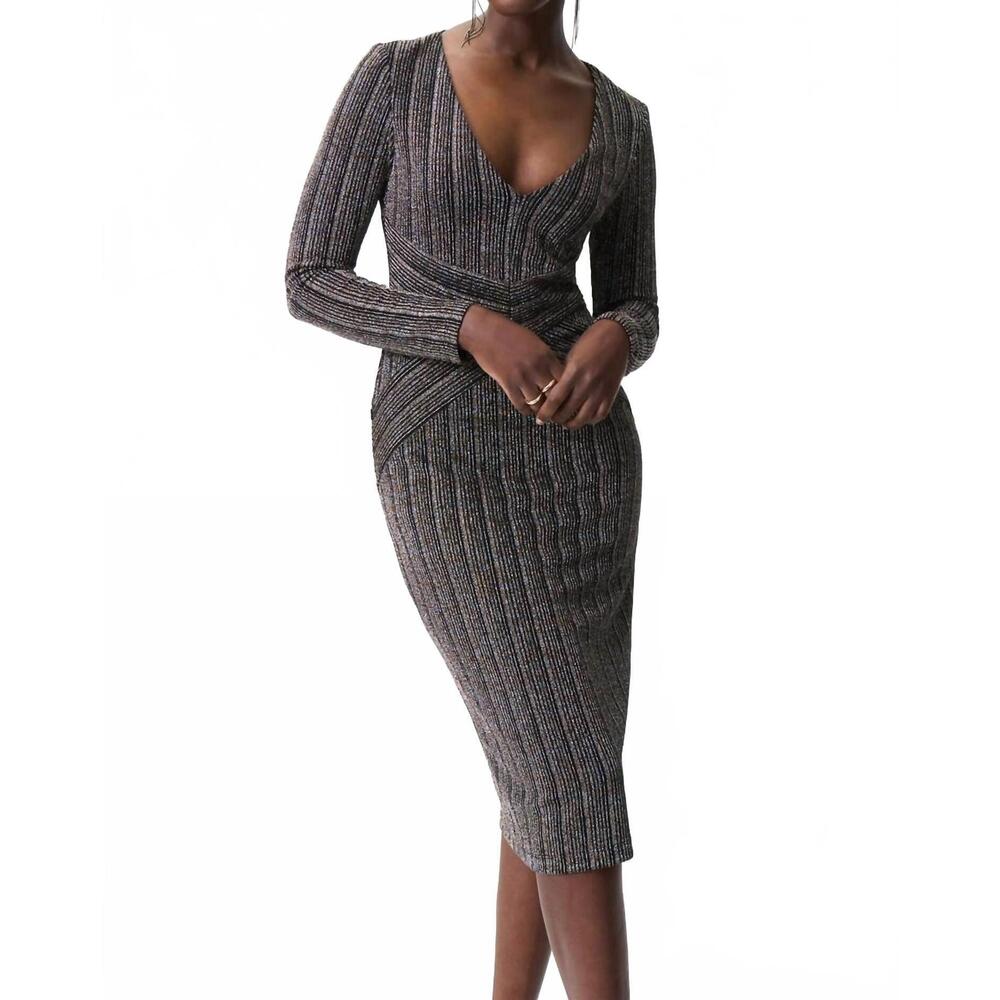 NEW JOSEPH RIBKOFF long sleeve v-neck midi dress in black/gold